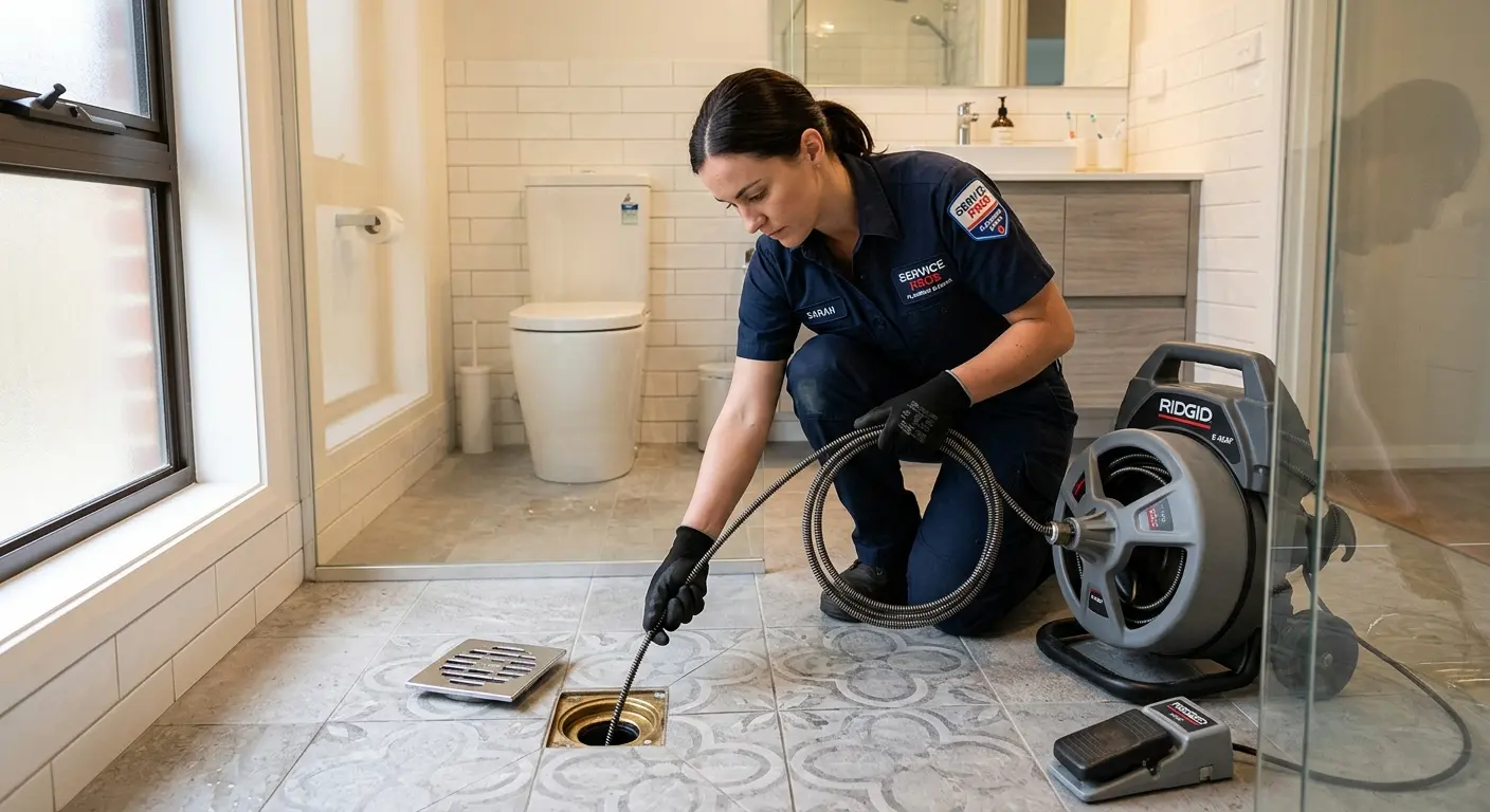Technician clearing a bathroom floor drain for Hydro Jetting in Hobart
